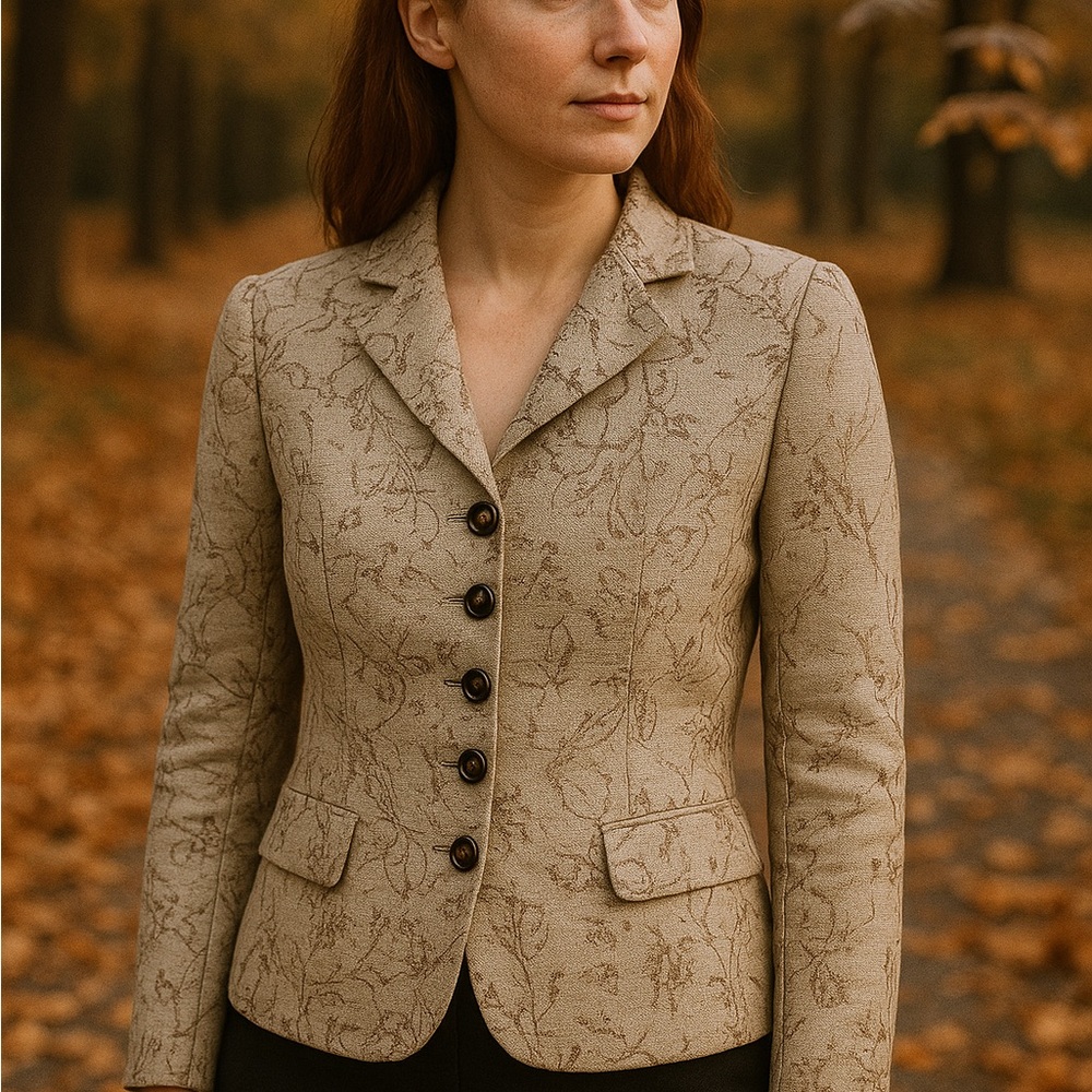 Le Suite Blazer Womans size L‎ Taupe Floral Brocade Blazer with Tortoise Casual